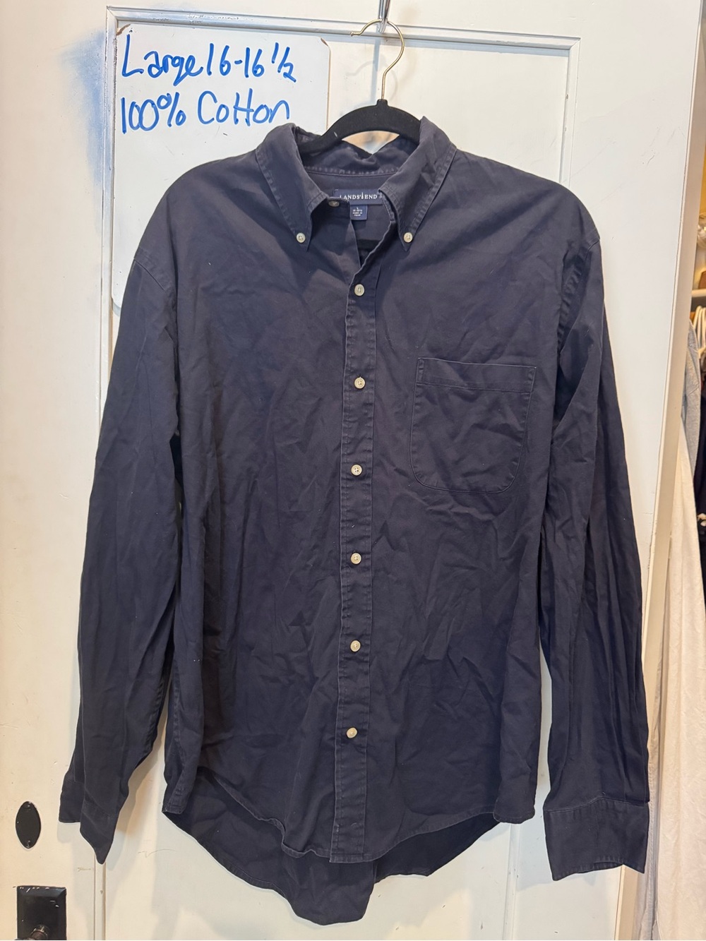 100% Cotton Lands' End Navy Long-Sleeve Button-Down Shirt